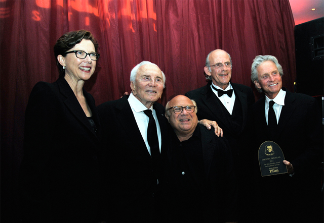 (from left) Annette Bening, Kirk Douglas, Danny DeVito, Christopher Lloyd and Michael Douglas pose for the cameras following the presentation of the 6th annual Kirk Douglas Award for Excellence in Film