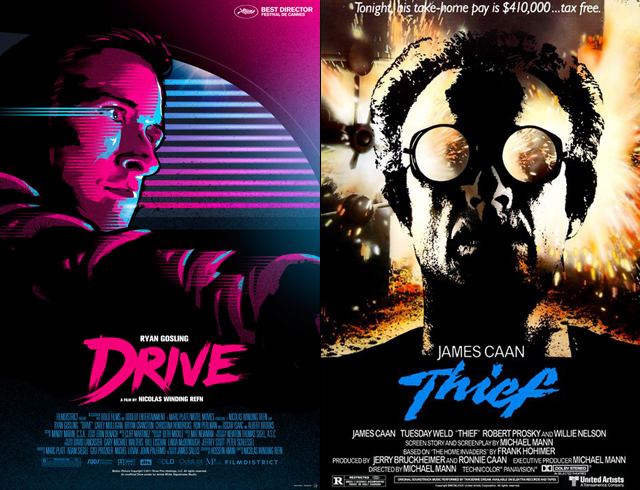 A new Drive poster (left) compared with a poster for Michael Mann's Thief (right)